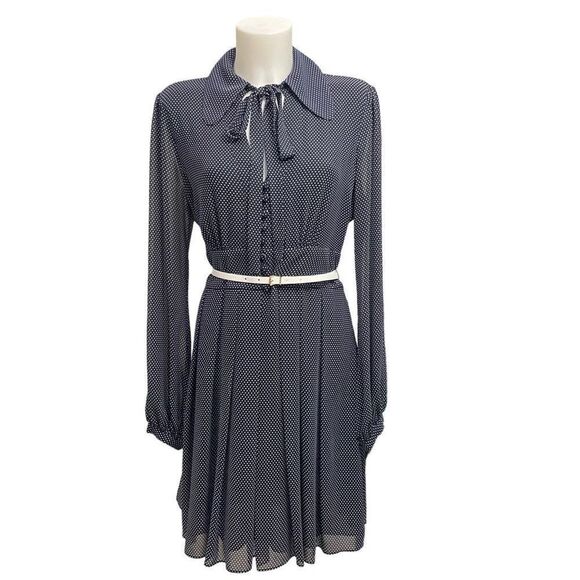 Michael Kors Navy Polka Dot Chiffon Mini Longsleeve Casual Dress w/ belt‎ sz 14 - Picture 1 of 10
